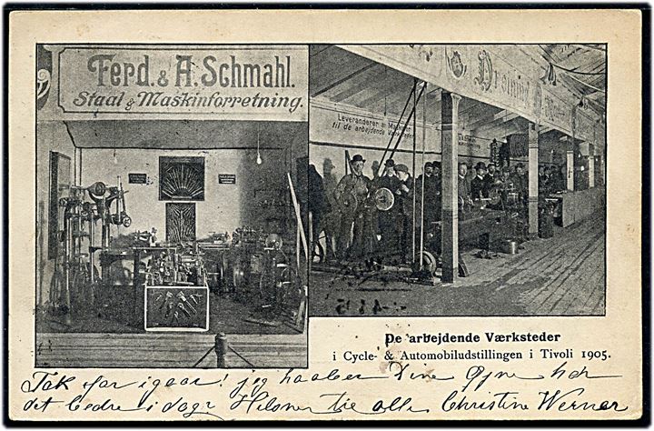 Tivoli, Cykel- og Automobiludstillingen 1905. Arbejdende værksteder fra bl.a. Ferd. & A. Schmahl. Reklamekort. Kvalitet 7