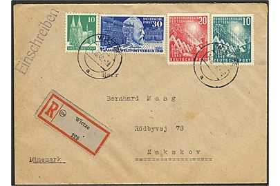 Komplet sæt 1. Bundestag, 30 pfg. UPU 75 år og 10 pfg. Kölner Dom på anbefalet brev fra Wietze d. 14.10.1949 til Nakskov, Danmark.
