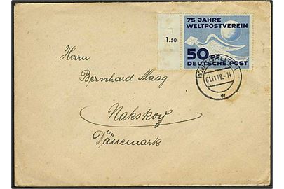 50 pfg. UPU 75 år single på brev fra Görlitz d. 1.11.1949 til Nakskov, Danmark. Godt brugsbrev.