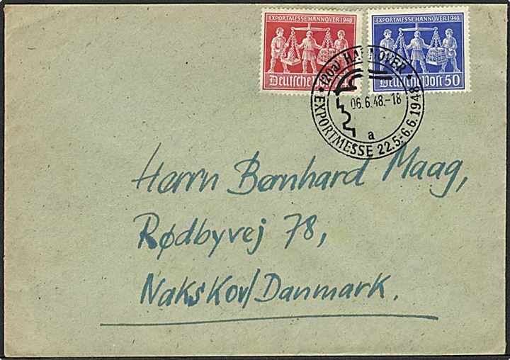 Komplet sæt Hannover Messe på brev annulleret med særstempel i Hannover d. 6.6.1948 til Nakskov, Danmark.