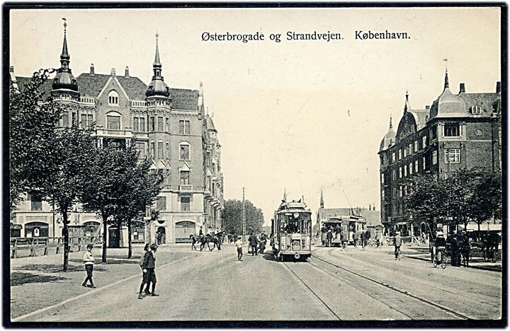 Østerbrogade og Strandvejen med sporvogn linie 4 no. 561. Nathansohn no. 35. Kvalitet 8