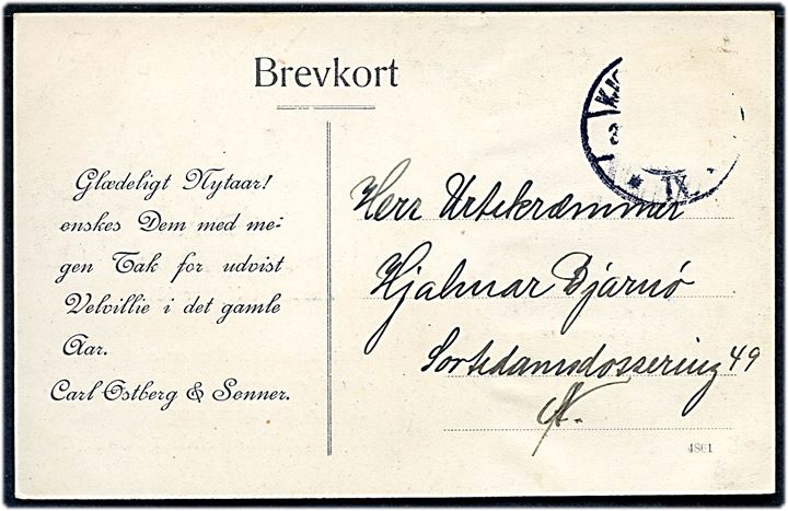 Adelgade 101, Carl Østberg & Sønner. Reklamekort med nytårshilsen 1910. No. 4861. Kvalitet 8