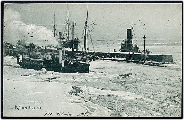 Frihavnen under isvinteren 1909 med dampskibe. Stenders no. 19127. Kvalitet 8