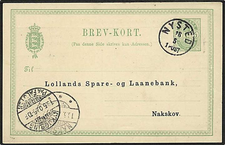 5 øre Våben helsagsbrevkort annulleret med lapidar stempel Nysted d. 18.5.1902 til Nakskov.