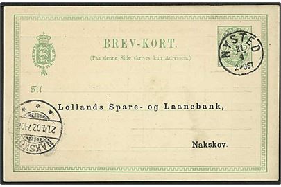 5 øre Våben helsagsbrevkort annulleret med lapidar stempel Nysted d. 21.4.1902 til Nakskov.