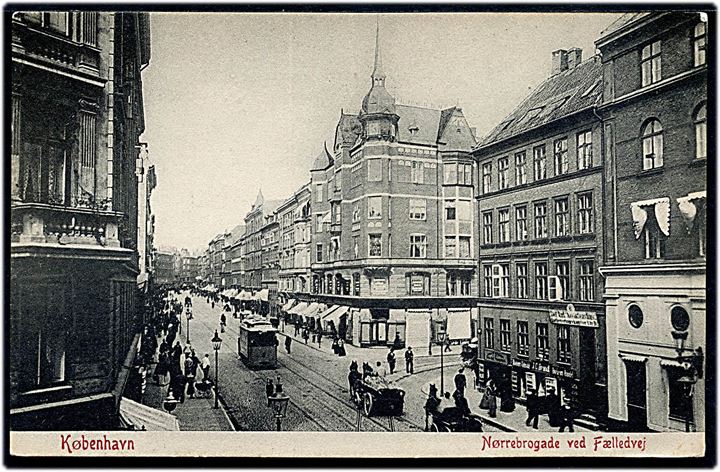 Nørrebrogade ved Fælledvej med sporvogn. A. Vincent no. 349. Kvalitet 8