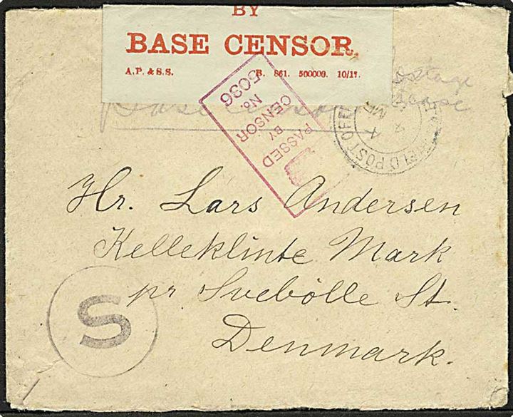 Ufrankeret britisk feltpostbrev stemplet Field Post Office d. 4.3.1916 til Svebølle, Danmark. Åbnet af base censor med stort S stempel - benyttet på post til neutrale lande.