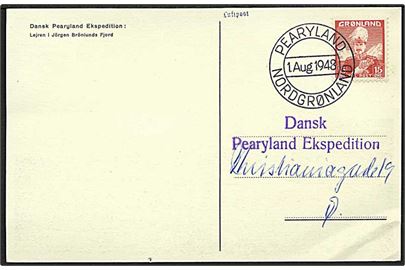15 øre Chr. X på ekspeditionsbrevkort stemplet Pearyland Nordgrønland d. 1.8.1948 til København.