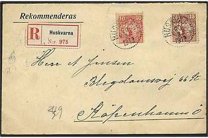 10 öre og 15 öre Gustaf på anbefalet brev fra Huskvarna d. 20.3.1918 til København, Danmark.