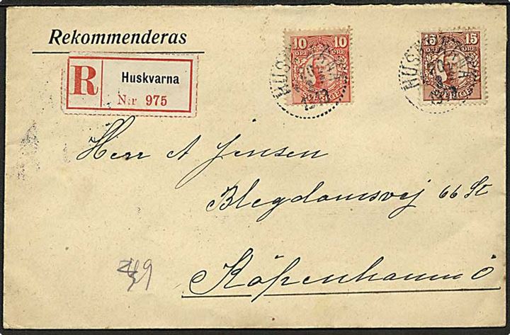 10 öre og 15 öre Gustaf på anbefalet brev fra Huskvarna d. 20.3.1918 til København, Danmark.