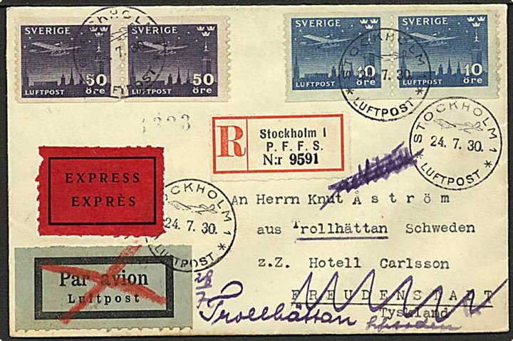 10 öre og 50 öre Nattluftpost i parstykker på anbefalet luftpost ekspresbrev stemplet Stockholm Luftpost d. 24.7.1930 til Freudenstadt, Tyskland. Retur som ukendt.