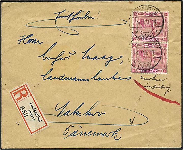2,50 fr. blandingsfrankeret anbefalet brev fra Louisenthal (Saar) d. 24.11.1928 til Nakskov, Danmark.