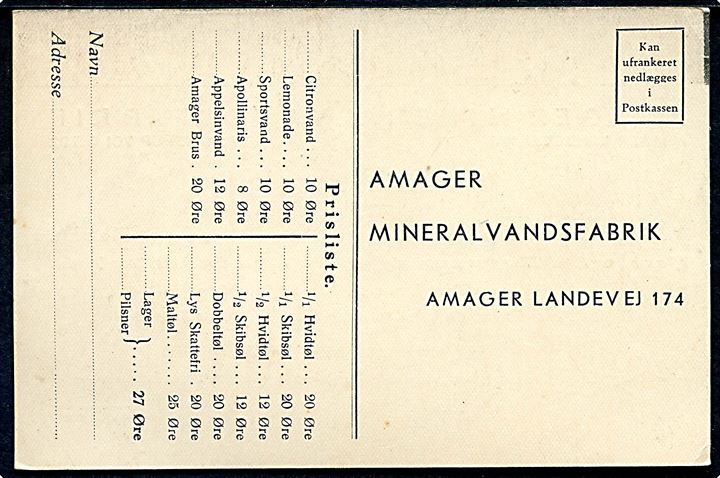 Amager Landevej 174, Amager Mineralvandsfabrik. Illustreret bestillingskort.  Kvalitet 8