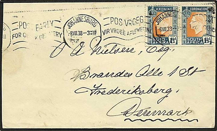 1½d George VI i 2-sproget parstykke på brev fra Johannesburg d. 8.8.1938 til Frederiksberg, Danmark.