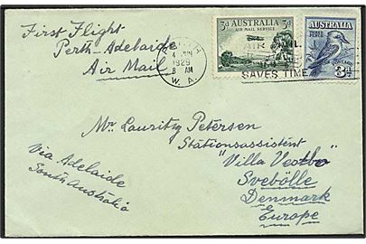 3d Fugl og 3d Luftpost på luftpostbrev fra Perth d. 4.6.1929 til Svebølle, Danmark. Påskrevet: First Flight Perth-Adelaide.
