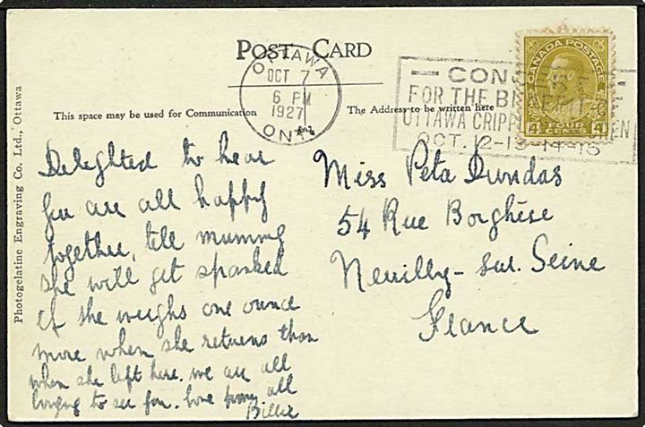 4 c. George V single på brevkort fra Ottawa d. 7.10.1927 til Neuilly sur Seine, Frankrig.