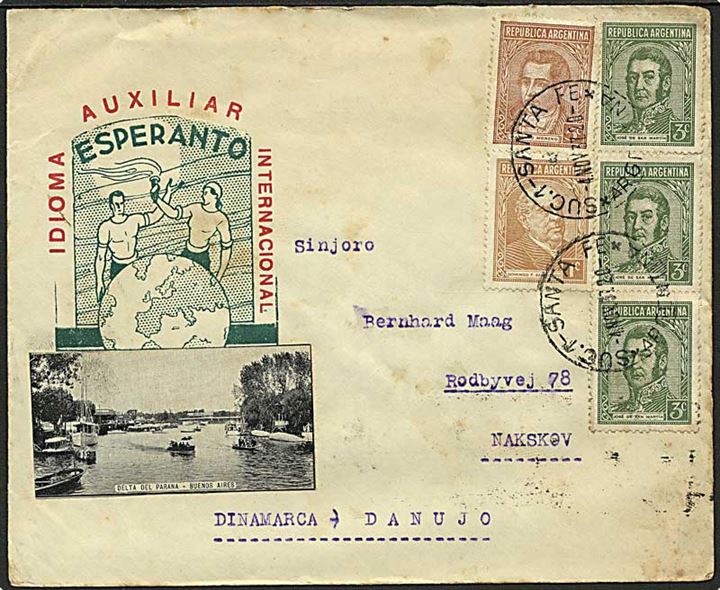 15 c. blandingsfrankeret Esperanto kuvert fra Santa Fe d. 4.11.1937 til Nakskov, Danmark.