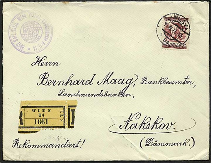 2 sh. single på anbefalet brev fra Wien d. 10.12.1928 til Nakskov, Danmark.