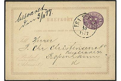 6 öre helsagsbrevkort annulleret med antiqua skibsstempel Fra Sverige d. 10.10.1877 til København, Danmark.