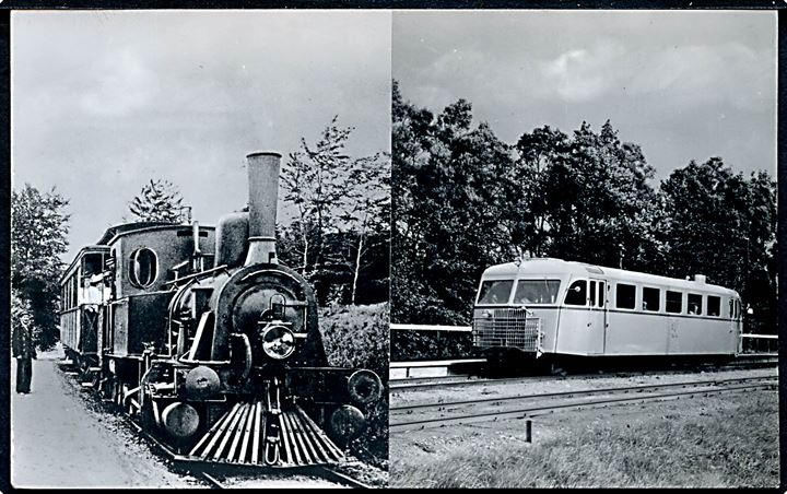Lyngby-Vedbæk Banen damplokomotiv og Lyngby-Nærum Banen skinnebus. Stenders no. 7151. Kvalitet 9