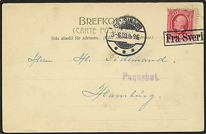 10 öre Oscar på brevkort fra Helsingborg annulleret med skibsstempel Fra Sverige og sidestemplet Helsingør d. 3.6.1903, samt lille violet Paquebot, til Hamburg, Tyskland.