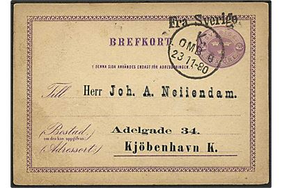 6 öre helsagsbrevkort fra Malmö stemplet Fra Sverige og sidestemplet K.OMB. d. 23.11.1880 til København, Danmark.