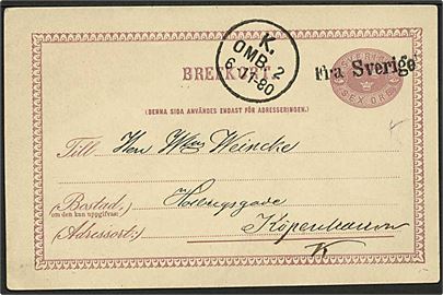 6 öre helsagsbrevkort fra Malmö annulleret med skibsstempel Fra Sverige og sidestemplet K. OMB. d. 6.11.1880 til København, Danmark.
