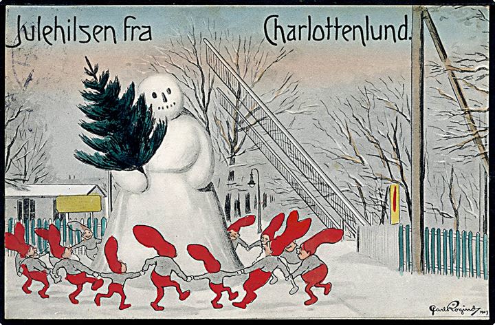 Carl Røgind: Charlottenlund, “Nisser i Gadebilledet” med snemand. C. Rønnow no. 12171. Kvalitet 9