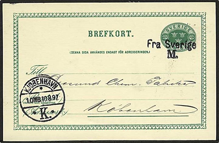 5 öre helsagsbrevkort fra Malmö annulleret med skibsstempel Fra Sverige M. og sidestemplet Kjøbenhavn d. 10.87.1897 til København, Danmark.