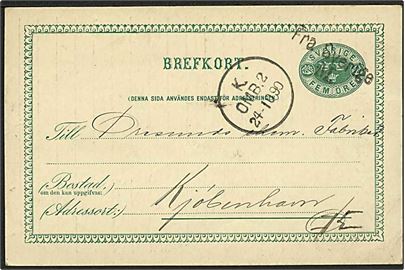 5 öre helsagsbrevkort fra Malmö annulleret med skibsstempel Fra Sverige M. og sidestemplet K.OMB. d. 23.10.1890 til København, Danmark.