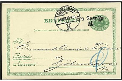 5 öre helsagsbrevkort fra Malmö annulleret med skibsstempel Fra Sverige M. og sidestemplet Kjøbenhavn d. 19.4.1901 til København, Danmark.
