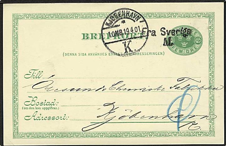 5 öre helsagsbrevkort fra Malmö annulleret med skibsstempel Fra Sverige M. og sidestemplet Kjøbenhavn d. 19.4.1901 til København, Danmark.