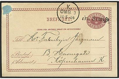 6 öre helsagsbrevkort fra Malmö annulleret med skibsstempel Fra Sverige og sidestemplet K. OMB. d. 30.5.1884 til København, Danmark.
