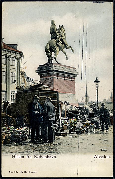 Højbro Plads med Absalon statue og blomsterhandlere. Fritz Benzen no. 12. Kvalitet 7