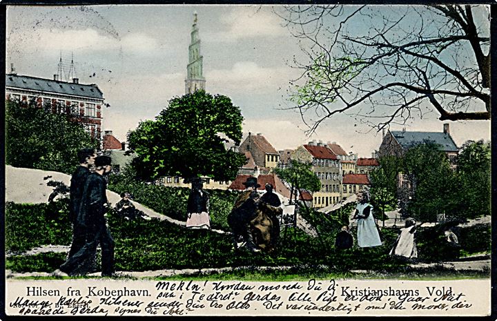 Christianshavns Vold, “Hilsen fra København” med Vor Frelser kirke i baggrunden. Fritz Benzen no. 19. Kvalitet 7