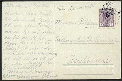 15 øre Chr. X på brevkort fra København annulleret med svensk bureaustempel PLK 199 d. 31.7.1920 og påskrevet Från Danmark til Jristianstad, Sverige.