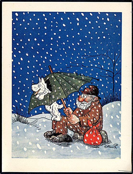 Robert Storm Petersen: Vagabond med hund i snevejr. Klapkort. L. Levison Junr. no. SC5226. Kvalitet 8