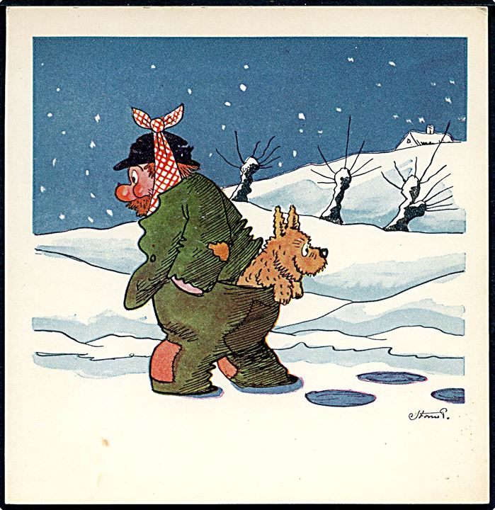 Robert Storm Petersen: Vagabond med hund i sne. Kartonkort u/no. Kvalitet 8