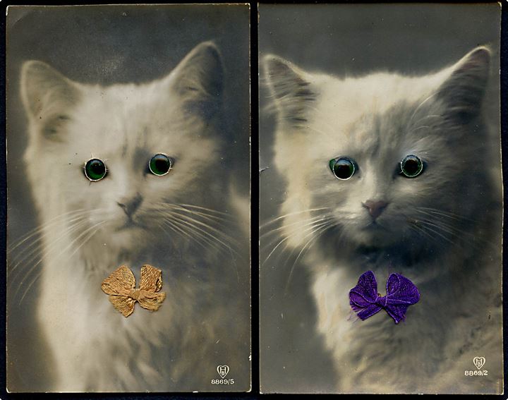 Øjne. Katte med grønne glasøjne og sløjfer. H.B. no. 8869/2 & 8869/5. Kvalitet 7