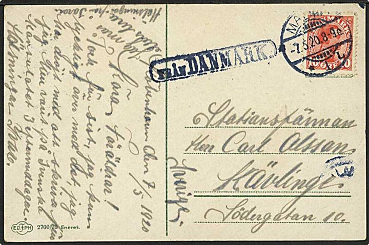 10 øre Chr. X på brevkort fra København annulleret med svensk stempel Malmö d. 7.5.1920 og sidestemplet Från Danmarktil Kävlinge, Sverige.