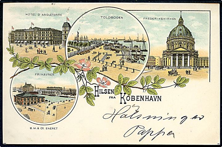 Hotel d’Angleterre, Frederikskirken, Toldboden og Frihavnen. “Hilsen fra København”. B. M. & Co. u/no. Kvalitet 8