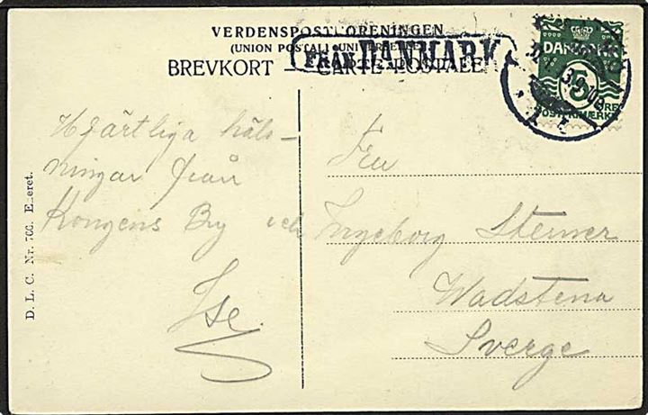 5 øre Bølgelinie på brevkort fra København annulleret med svensk stempel Malmö d. 2.1.1913 og sidestemplet Från Danmark til Wadstena, Sverige.
