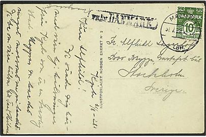 10 øre Bølgelinie på brevkort fra København annulleret med svensk stempel Malmö d. 31.8.1928 og sidestemplet Från Danmark til Stockholm, Sverige.