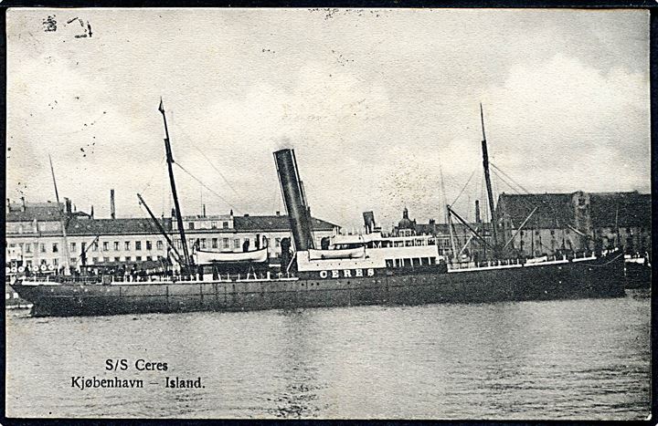 “Ceres”, S/S, DFDS København-Island. O. Petersen no. 1023. 1d Edw. VII stemplet Leith 1906 og Paquebot. Kvalitet 8