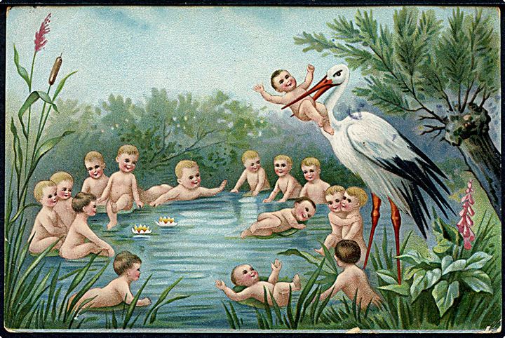 Børn. Stork i sø med spædbørn. A.S.i.R. no. 5441. Kvalitet 7