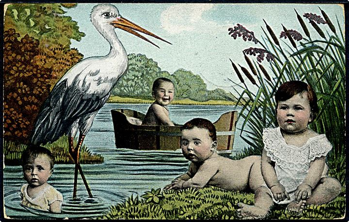 Børn. Stork i sø med spædbørn. No. 441/III Kvalitet 7