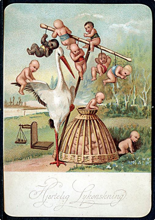 Børn. Stork med spædbørn. Lykønsknings-kartonkort dateret d. 23.8.1895. U/no. Kvalitet 8
