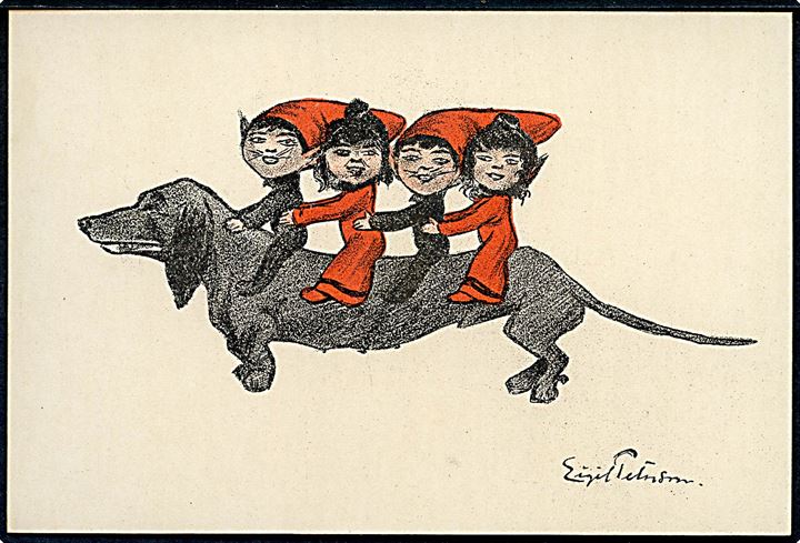 Eigil Petersen: Nissebørn på Gravhund. Kartonkort dateret 1905. U/no. Kvalitet 9