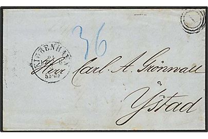 1865. Ufrankeret portobrev med nr.stempel 1 og sidestempel Kiøbenhavn d. 21.3.1865 via Malmö til Ystad, Sverige.