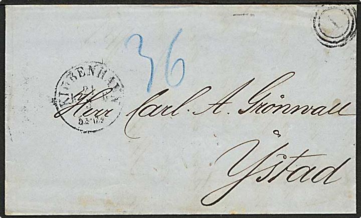 1865. Ufrankeret portobrev med nr.stempel 1 og sidestempel Kiøbenhavn d. 21.3.1865 via Malmö til Ystad, Sverige.